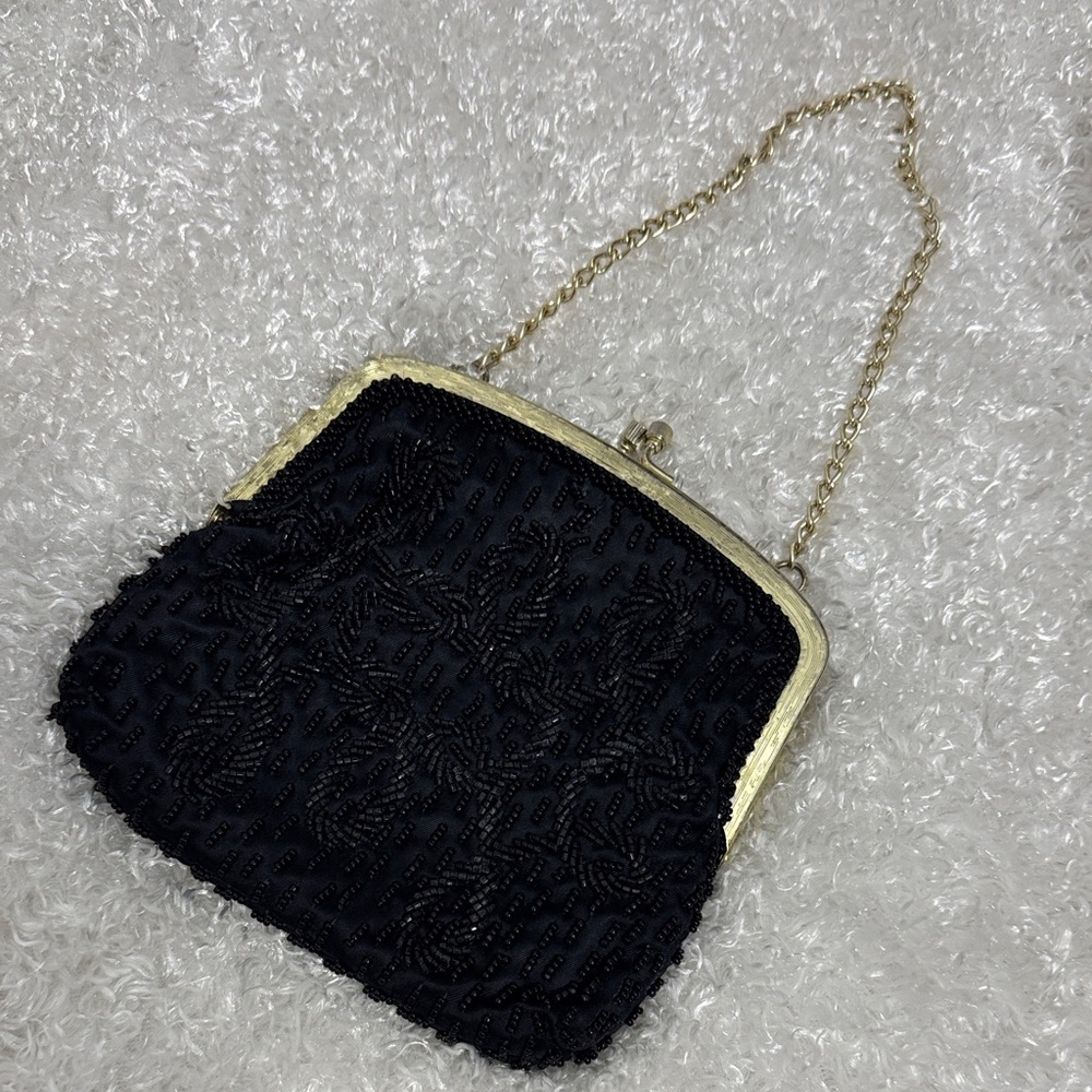 Vintage black beaded clutch purse kiss lock made in Hong Kong